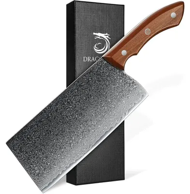 Immagine prodotto di Coltello da cucina Hackmesser in acciaio damasco, lama da 19 cm, con manico ergonomico in legno, ideale per carne e verdure