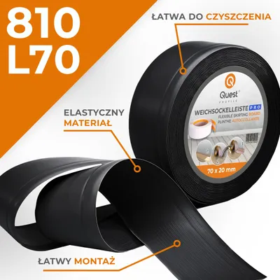 Zdjęcie produktu dla QUEST Listwa przypodłogowa PCV 70x20mm, 15m, elastyczna, miękka listwa podłogowa, cokołowa, czarny