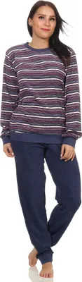 Produktbild von Edler Damen Frottee Pyjama langarm Schlafanzug mit Bündchen in Streifenoptik - 291 13 902 ; marine , 40/42
