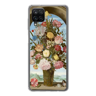 Produktbild von MuchoWow® Handyhülle Schutzhülle Hülle für Samsung Galaxy A12 Vase mit Blumen in einem Fenster - Gemälde von Ambrosius Bosschaert dem Älteren Silikon Softcase Handy Hülle - Bild