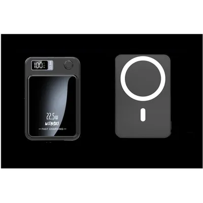 Two views of a black magnetic wireless power bank against a black background.