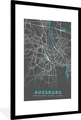 Produktbild von MuchoWow® Gerahmtes Poster Stadtplan - Karte - Augsburg - Blau - Deutschland - Karte 60x90 cm - Poster mit Schwarzem Bilderrahmen Wandposter Rahmen Foto Bilder - Dekoration - Wandposter Wohnzimmer - Hochwertig