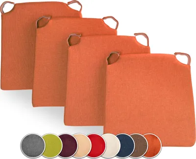 Four orange chair cushions are arranged in a staggered formation against a white background. Below the cushions, a row of circular color swatches is displayed.