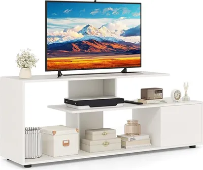 Immagine prodotto di Mobile TV con ampio ripiano superiore per TV fino a 55 pollici, 3 ripiani, mobile con anta, 4 piedini regolabili e 1 gamba di supporto, mobile TV,