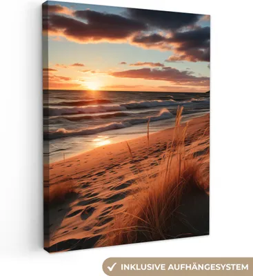 Produktbild von MuchoWow® - Leinwandbilder - Strand - Sonnenuntergang - Dünen - Meer - Hochgras, Wandbild, Wanddeko Bilder Wohnzimmer, 60x80 cm