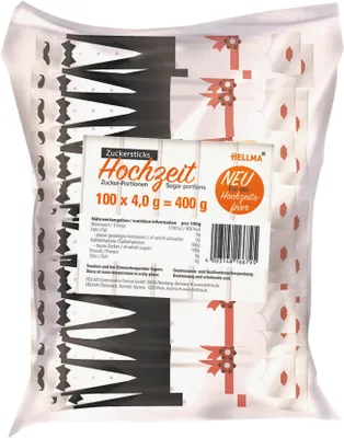 Produktbild von Hellma Zucker-Sticks Hochzeit, Zucker, Portionszucker, Feinzucker, Zuckertüten, für Gastro, Hotel, Büro, Kantine, 100 Stück á 4 g