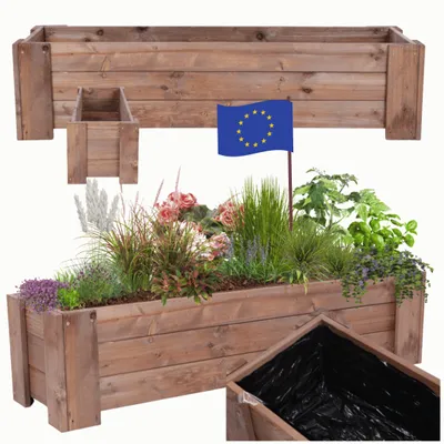 Image de MODO24 Bac à plantes en bois, jardinière, bac à fleurs, pin, film protecteur, résistant aux intempéries, balcon, jardin, 30 x 137 x 33 cm, marron, RDZP