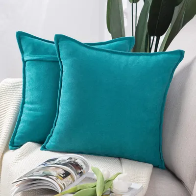 Produktbild von Set mit 2 dekorativen Chenille-Kissenbezügen, weiche Zierkissenbezüge für Sofa und Schlafzimmer, türkis, 55 x 55 cm (quadratisch)