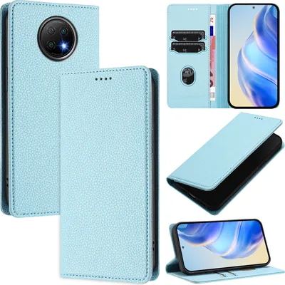 Produktbild von Litchi Leder Handyhülle für Xiaomi Redmi Note 9T Wallet Kartenfächer Standfunktion Hülle Hellblau