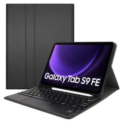 A black tablet with a keyboard case attached, shown at an angle.