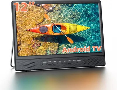 Immagine prodotto di Smart TV Android portatile da 12 pollici, mini televisore per cucina, camper, roulotte, con ingresso HDMI, USB, AV, cuffie, ricevitore DVB-T2 Freeview e supporto regolabile a 180°