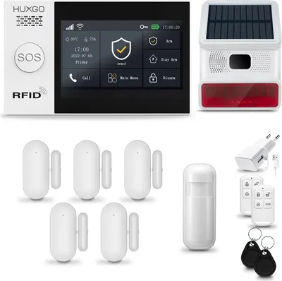 Produktbild von HUXGO HXA007 Alarmanlage Haus WiFi + GSM 4G mit Funk Sirene, Alarm System mit 1x Bewegungssensor und 5x Tür-Fenstersensor, Alarmanlage für Wohnung, Haus, Garage, Tuya Smartlife App
