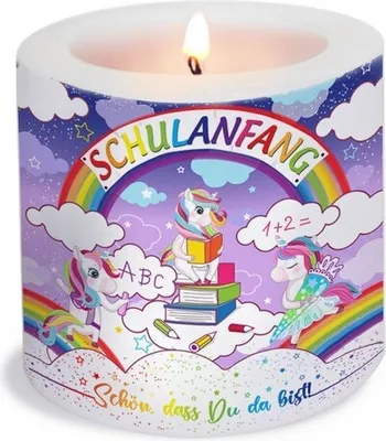 Produktbild von Kerze rund Einhorn zum Schulanfang Ø 8cm, Höhe 7,5cm