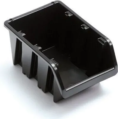 A black plastic storage bin is shown against a white background.