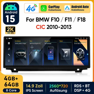 Obrázok produktu pre 4+64G, 14,9-palcové autorádio s Androidom 15, CarPlay, GPS navigáciou, Wi-Fi, 4G, Bluetooth, ovládaním na volante (SWC), DAB+, DSP a USB portom, 8-jadrový procesor, určené pre modely BMW 5 (F10, F11, F18) s systémom CIC, výroba 2010-2013, Obrázok generovaný UI