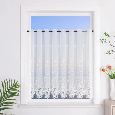 Productafbeelding van Vitrage - Voile - Kort - Borduurwerk - Gordijn - Doorstang - Keuken - Deur - Gang - Crème - 1 stuk hoogte x breedte 90 x 150 cm
