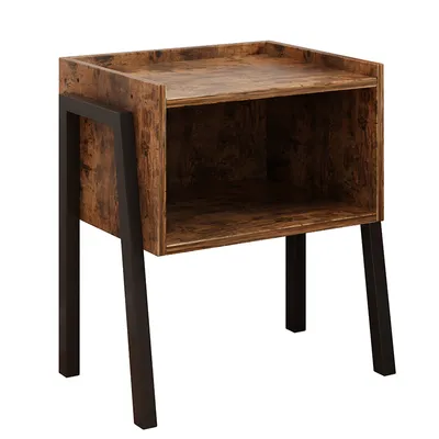 A product shot of a rustic nightstand on a white background.