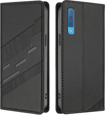 Produktbild von Hülle für Samsung Galaxy A7 2018, Kunstleder Brieftaschen Handyhülle mit Kartenfach und Standfunktion Schwarz