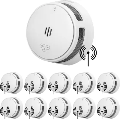 A collage of smoke detectors, with one prominent smoke detector at the top and ten smaller ones arranged below.