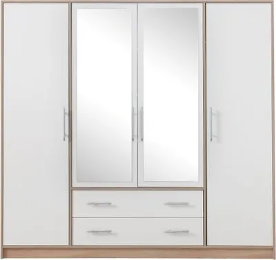 Produktbild von MobelZet, Kleiderschrank START 01 mit Spiegel, Schlafzimmerschrank, Drehtürenschrank, Weiß + Sonoma