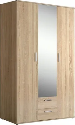 Produktbild von Furniture24 Kleiderschrank Nano NNS83S-D30F  121 x 200 x 54 cm 3 Türiger 5 Einlegeboden 1 Kleiderstange 2 Schubladen Spiegel Sonoma