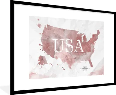Produktbild von MuchoWow® MuchoWow® Gerahmtes Poster Karte - Amerika - Aquarell 90x60 cm - Poster mit zchwarzem Bilderrahmen - Wanddekoration - Fotos