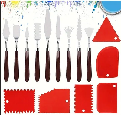 A collection of palette knives and scrapers arranged on a white background.