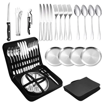 Immagine prodotto di Omgoods - Set di posate da campeggio per 4 persone in acciaio inossidabile con custodia