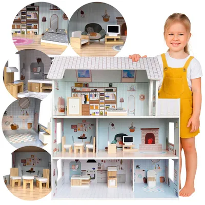 Produktbild von 4iQ Holzpuppenhaus ROZALIA 70x60x24 cm mit Zubehör, KI-generiertes Bild