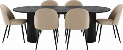 Produktbild von Kyoto Essgruppe Esstisch dunkelbraun, 6 Stühle aus beigem Velours.