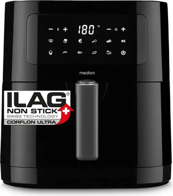 Produktbild von MEDION® Heißluftfritteuse E40 XL, Schwarz, 5,2 Liter, 2.150 Watt, Backen, Braten, Grillen, Rösten, ölfreies Frittieren, 9 Automatikprogramme, Touch Bedienfeld, LED Anzeige, regelbare Temperatur 50-200 °C, Digital-Zeitmesser, 60 min Timer, Corflon-Ultra Antihaftbeschichtung, 310 mm Breite, 320 mm Tiefe, 380 mm Höhe, 5,38 kg Gewicht, 1,5 m Kabellänge, entfernbare Schüssel, Cool Touch Handgriff, rutschfeste Füße, automatische Abschaltung, Überhitzungsschutz, inkl. zusätzlicher Backform, MEDION Life+ App mit 10