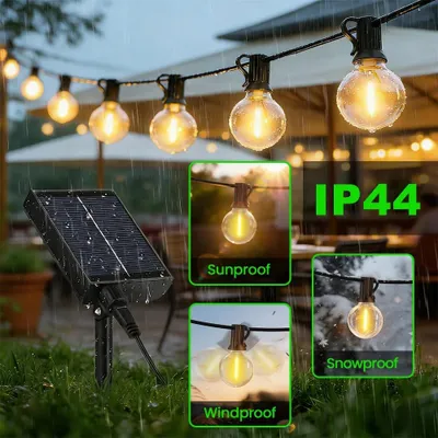 Produktbild von 15 m Solar-Lichterkette mit G40-LED-Kugeln, Fernbedienung und 8 Leuchtmodi