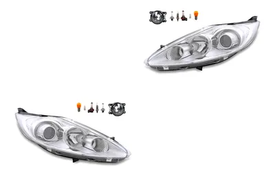 Zdjęcie produktu dla Zestaw reflektorów pasujący do Ford Fiesta, produkcja od 10.2008 do 11.2012, żarówki H7 i H1, w tym światła przeciwmgielne. Numery części: 8200074008, 6202E1, 00006202E1, 6710027, 0000620639, 620639, 0000620. Producent: Johns