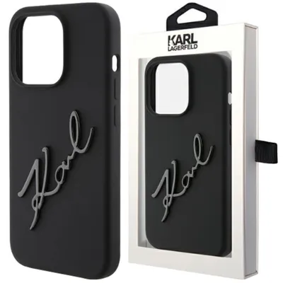 A black Karl Lagerfeld iPhone 15 Pro Max back cover case is shown next to its packaging.