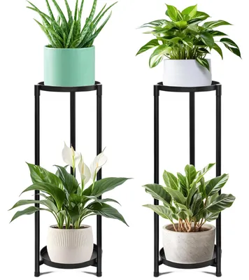 Productafbeelding van Plantenrek met 2 niveaus, bloemenstandaard voor buiten, set van 2, metalen plantenstandaard voor binnen, zwart, bloempotstandaard, bloemenbank, plantenrek, plantenstandaard voor balkon, tuin, woonkamer