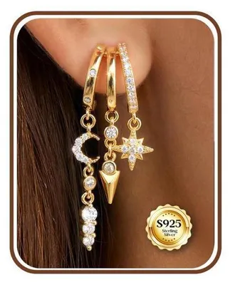 Immagine prodotto di Orecchini da donna in argento 925, lunghi pendenti, design 3-in-1, placcati in oro e con zirconi cubici, disponibili in oro e argento