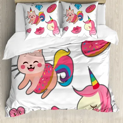 Produktbild von ABAKUHAUS Einhorn-Katze Bettbezug, Fantasie, Milbensicher Allergiker geeignet mit Kissenbezügen, 155 cm x 220 cm - 80 x 80 cm, rosa Multicolor