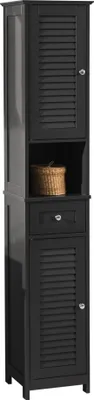 A black tall cabinet with louvered doors and a drawer is shown against a white background.