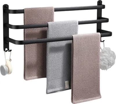 Obrázek produktu pro Koupelnový držák na ručníky, kov, černý + háčky, 60 cm
