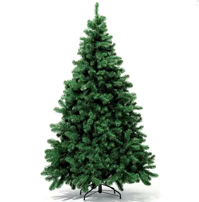 A full shot of an artificial Christmas tree on a white background.