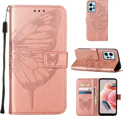 Produktbild von Lederhülle für Xiaomi Redmi Note 12 4G Schmetterling Prägung Flip Ledertasche Kartenfächer Handyhülle mit Ständer Pink