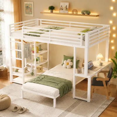 Image de ELANDEPOT Lit mezzanine 90 × 200 cm blanc Recharge USB et USB-C station de charge intégrée bureau rangement sans matelas