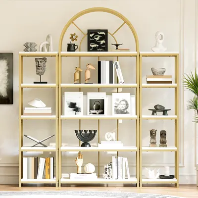 Productafbeelding van Standaardrekset 163x30x184, gouden frame, 3-delig, boogvormig ontwerp, displayrek, boekenkast (goud + wit)