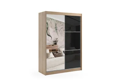 Produktbild von ALTDECOR Kleiderschrank mit Spiegel und Schiebetüren, kugelgelagerte Führungsschienen und Aluminium-Leisten - VIVONA - 120 cm - Hellbraun/Schwarz
