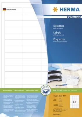 Obrázek produktu pro HERMA 4607, Bílá, Obdélník, Permanentní, 48,3 x 16,9, A4, Papír