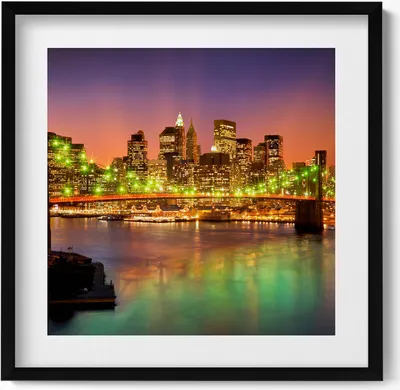Produktbild von Brooklyn Bridge bei Nacht– Wandbild mit Rahmen – Gerahmtes Bild  – Wanddekoration – 50x50 cm –  Schwarz Rahmen