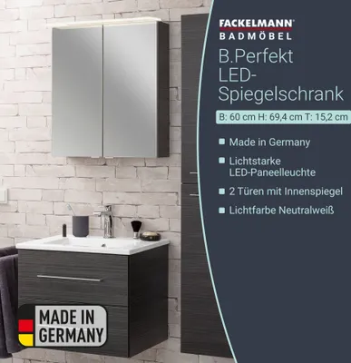 A bathroom vanity with a mirror cabinet and a tall cabinet, set against a brick wall.