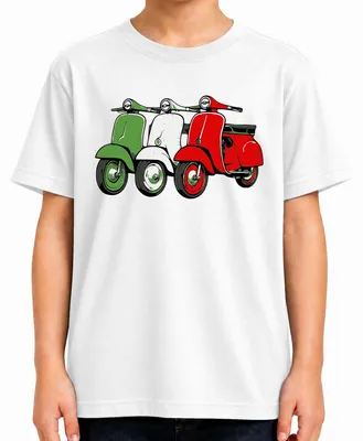Obrázok produktu pre Talianska retro vlajka na kolieskových korčuliach, motorka, vintage štýl, "Bella Italia", T-shirt s motívom Ríma, biela farba, veľkosť 128
