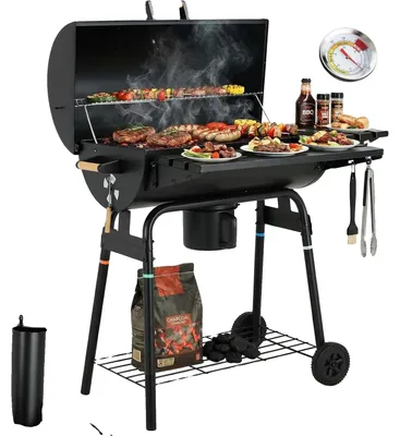 Image de Barbecue au charbon de bois, en acier, hauteur 128 cm, longueur 107 cm, 2 plaques de cuisson, surface émaillée en porcelaine