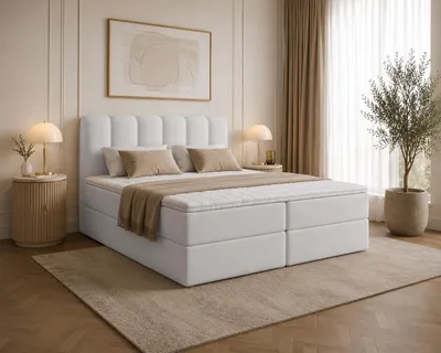 Produktbild von Boxspringbett SANDO ohne Topper Bett  mit Bettkästen Polsterbett, Bettgestell, Doppelbett, Stauraum, Schlafzimmer (160x200, Weiß - Fredo 25)